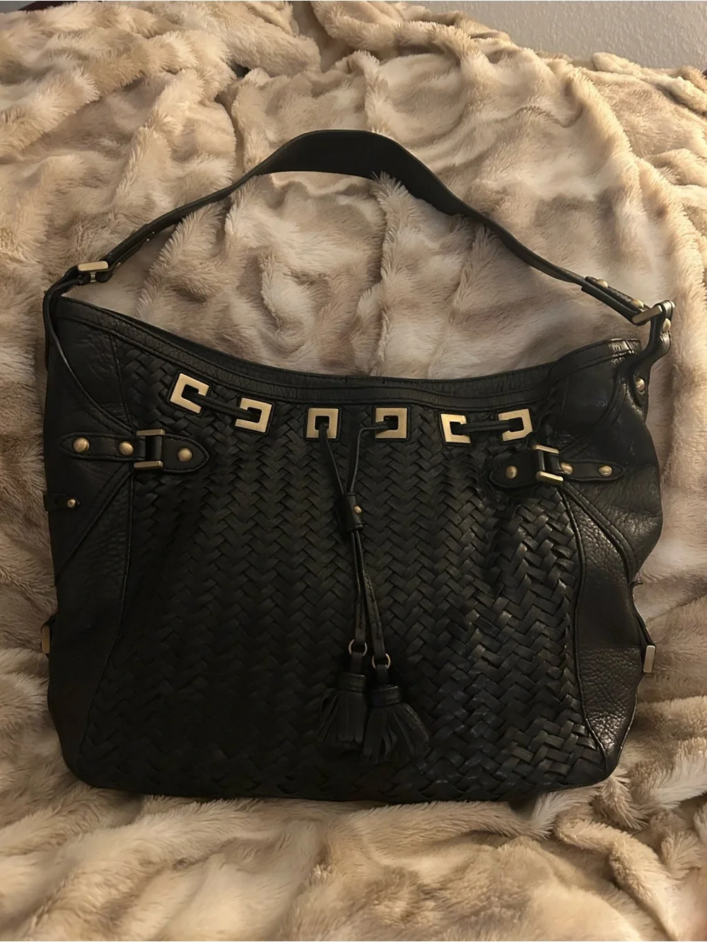 Cole Haan Black Woven Leather Large Hobo with Gold Accents